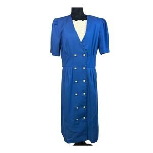Vintage 1980s Stuart Alan Blue Midi Dress Sz 12 Lace Dickie Gold Buttons USA